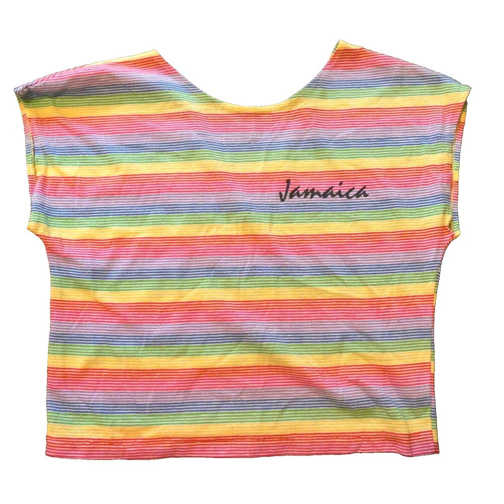 Vintage 80s Sun Island Jamaica Rainbow Stripe Top Crew Neck V Back Medium